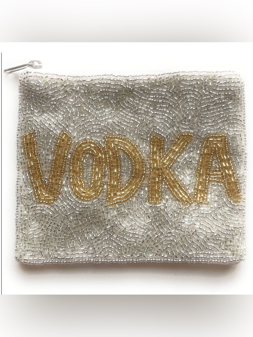 🍸NWT “VODKA” Hand Beaded Clutch Pouch Coin Purse Bag Silver & Gold Novelty
